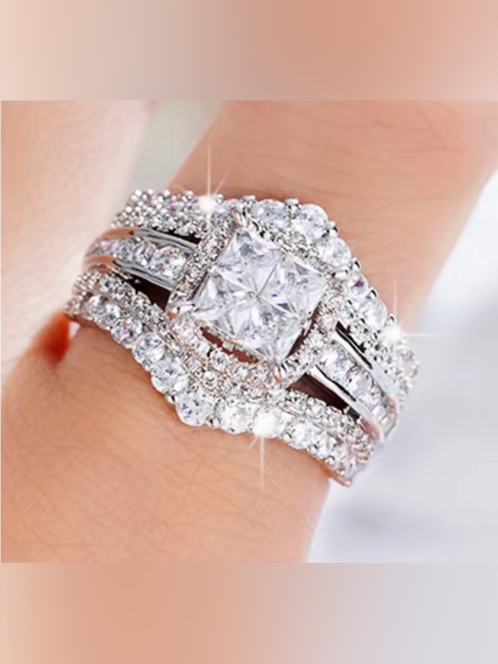 Princess Cut  Silver Wedding Ring proposal engagement  Size 10